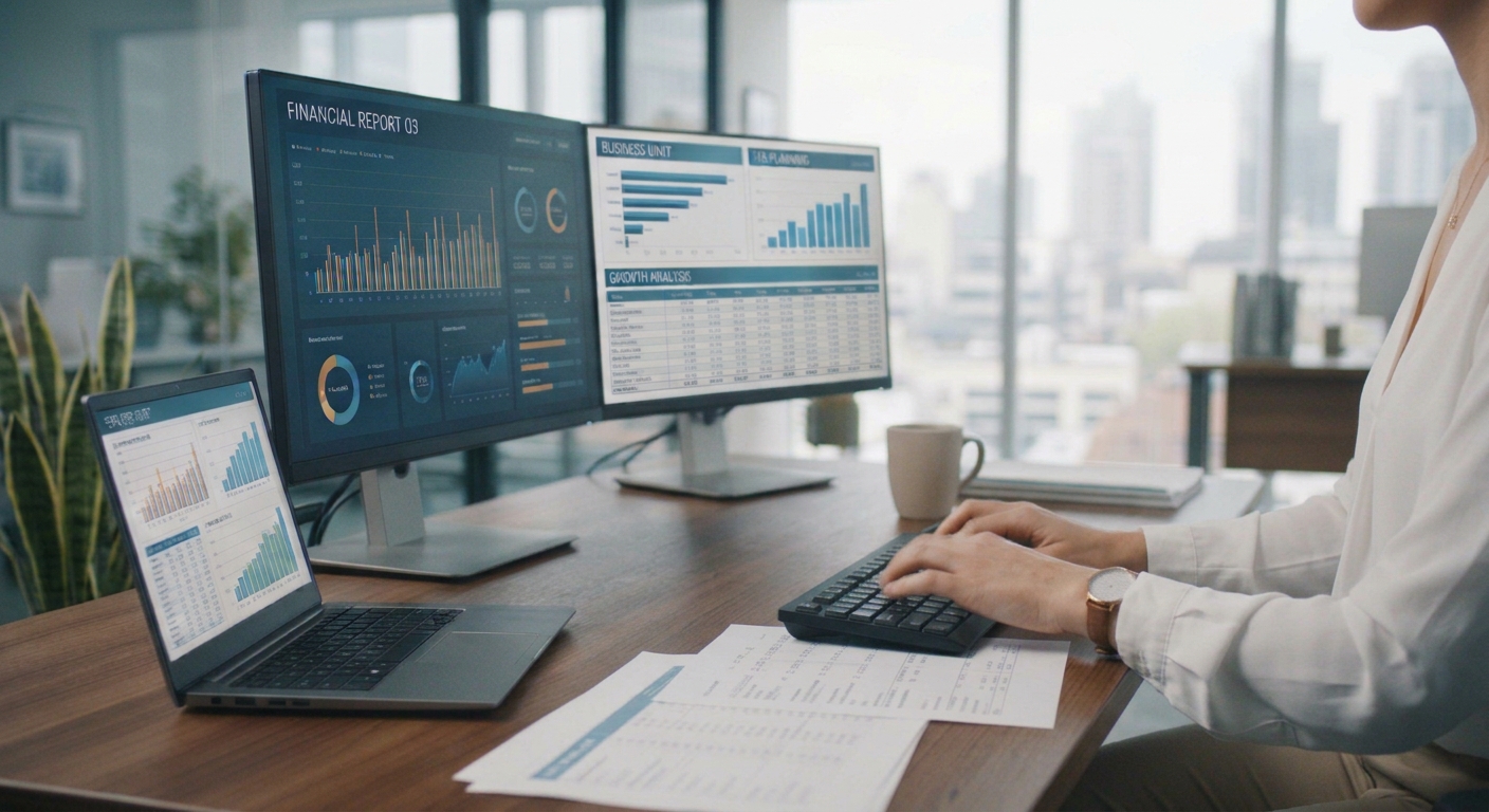 Reviewing financial reports on office computer screens.