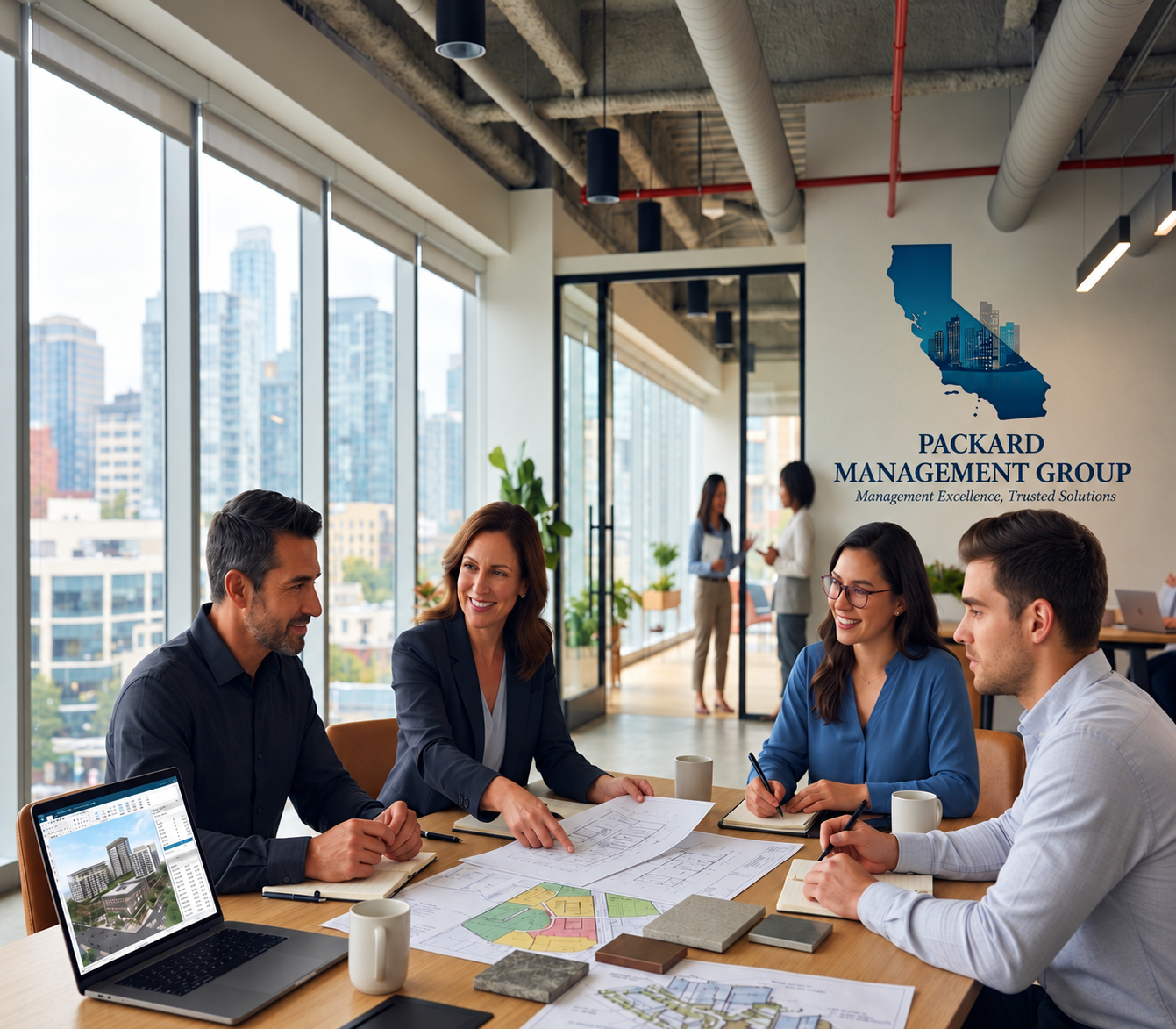 People reviewing property plans around a conference table.