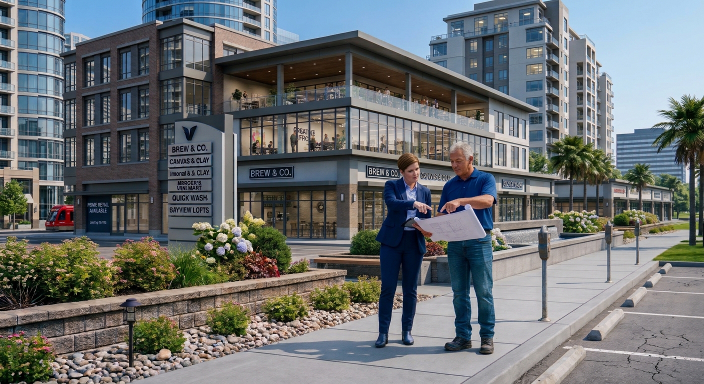 Two people reviewing plans outside a commercial property.